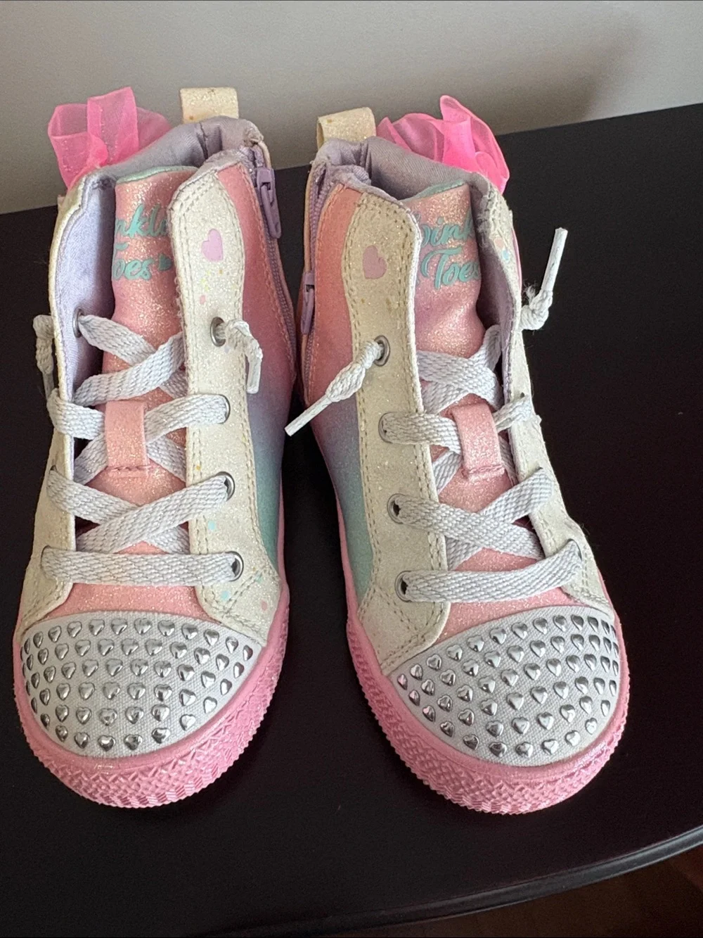 Skechers Twinkle Toes Kids Glitter Heart High-Top Sneakers in Pink and Pastel